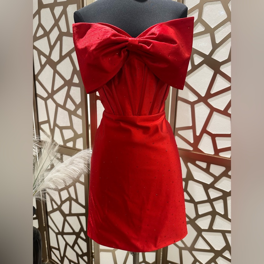 Short Satin Bow Homecoming Dress